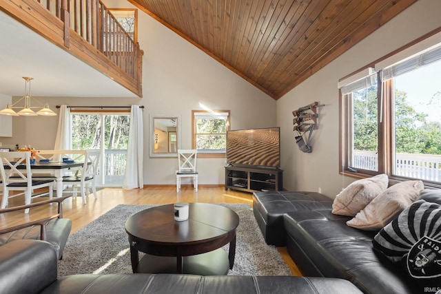 living room featuring high vaulted ceiling, light wood-type flooring, and wooden ceiling