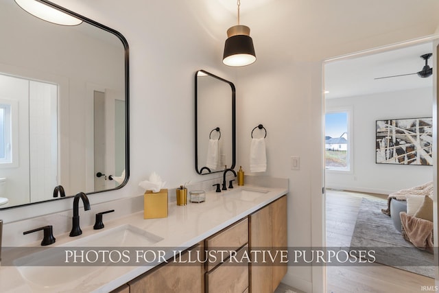 bathroom with vanity, hardwood / wood-style floors, and toilet