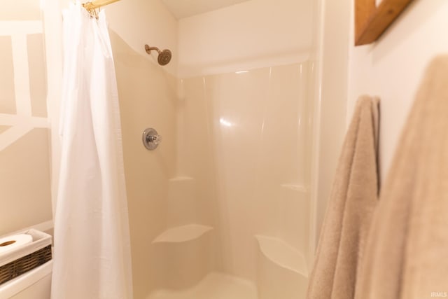 bathroom with a shower with curtain and toilet