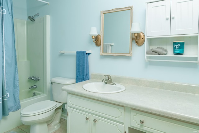 full bathroom with vanity, shower / bathtub combination with curtain, and toilet