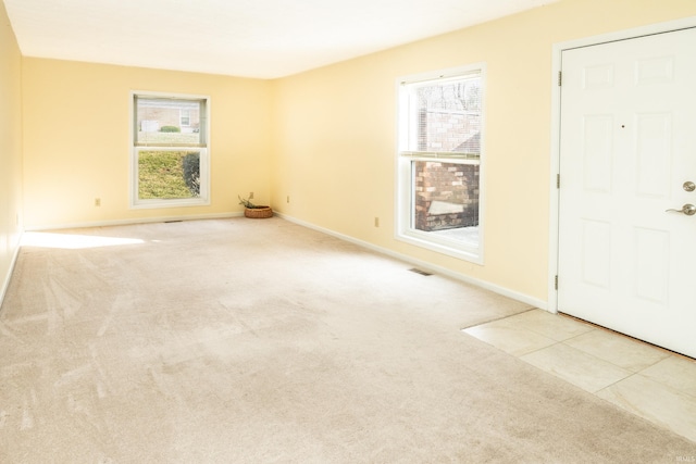 foyer entrance featuring light carpet