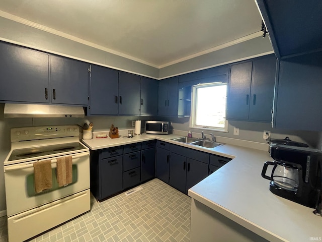 kitchen with white electric range, a sink, light countertops, stainless steel microwave, and under cabinet range hood