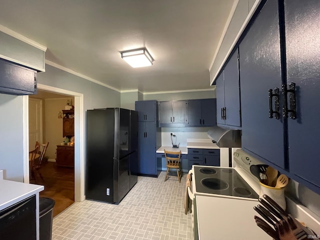 kitchen featuring blue cabinetry, black appliances, and ornamental molding