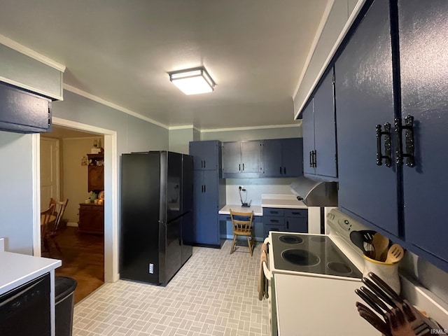 kitchen featuring crown molding, light countertops, under cabinet range hood, black appliances, and blue cabinets