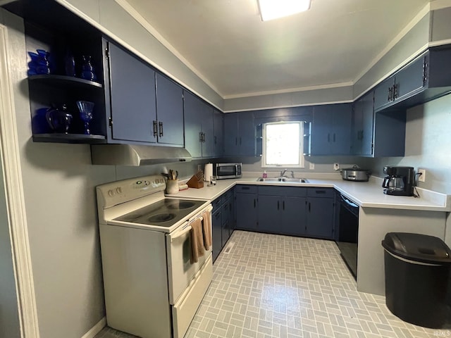 kitchen with sink, blue cabinetry, white electric stove, and dishwasher