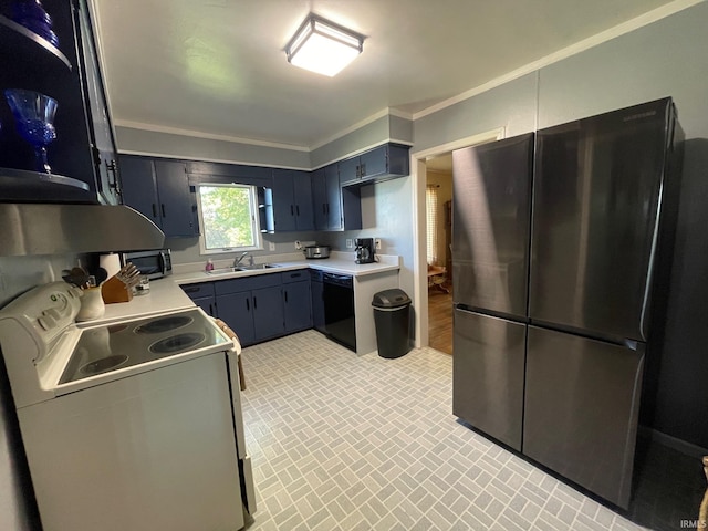 kitchen featuring ornamental molding, black appliances, blue cabinetry, and sink