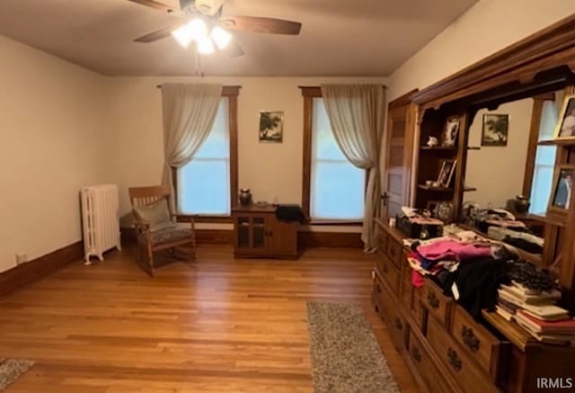 living area featuring light hardwood / wood-style floors, radiator heating unit, and plenty of natural light