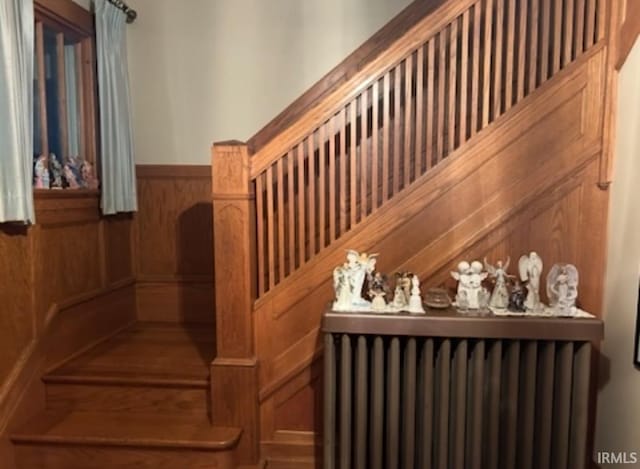 stairs featuring wood walls