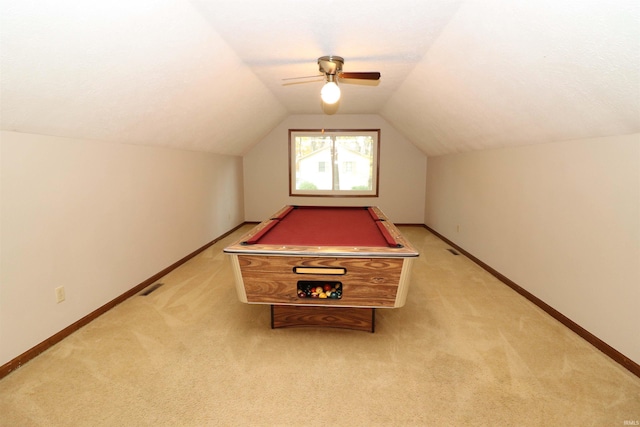 playroom with light carpet, ceiling fan, billiards, and vaulted ceiling