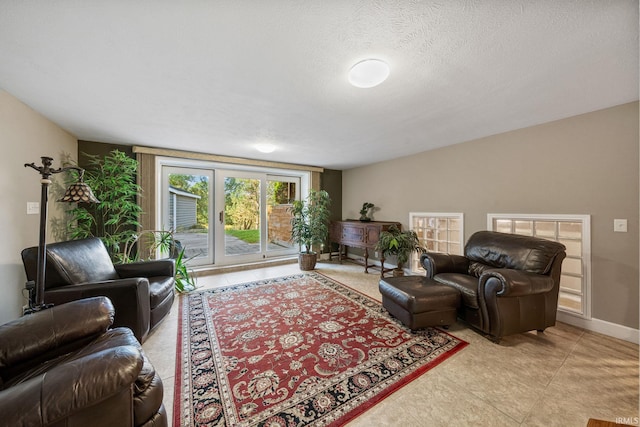 living room with a textured ceiling