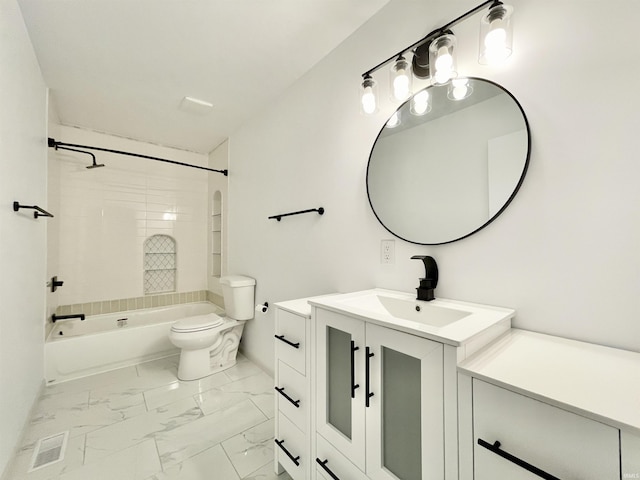 full bath featuring visible vents, toilet, bathtub / shower combination, vanity, and marble finish floor