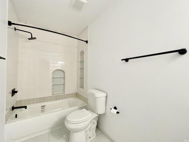 full bathroom with baseboards, visible vents, bathing tub / shower combination, and toilet
