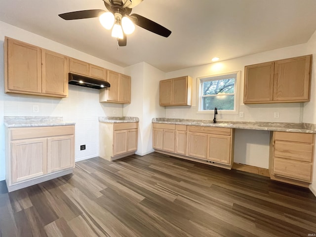 kitchen with light brown cabinetry, a sink, under cabinet range hood, and dark wood-type flooring