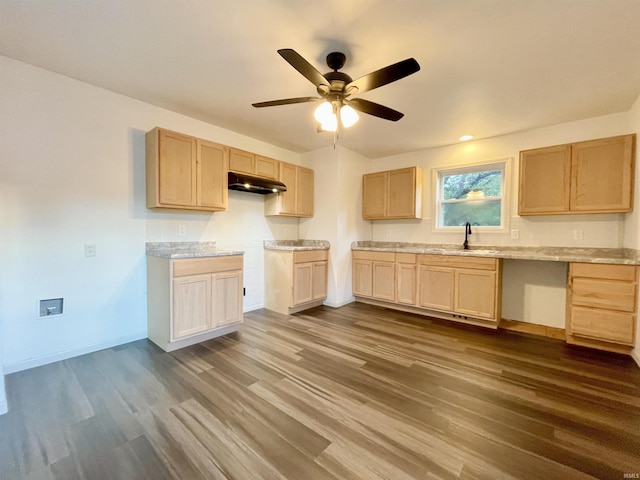 kitchen with a sink, light brown cabinets, dark wood-type flooring, and under cabinet range hood
