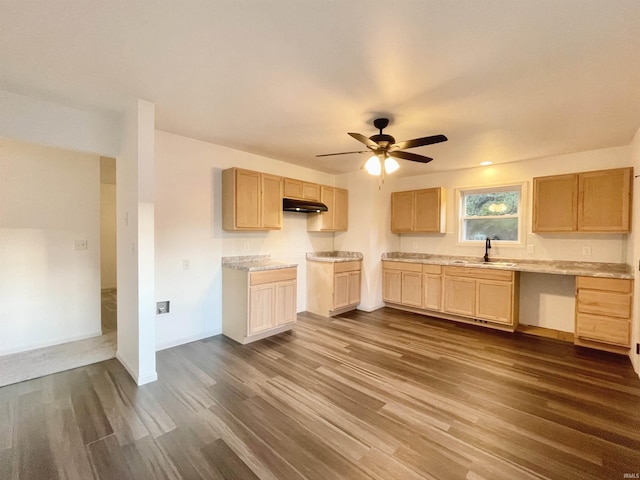 kitchen featuring a sink, ceiling fan, light countertops, under cabinet range hood, and dark wood finished floors