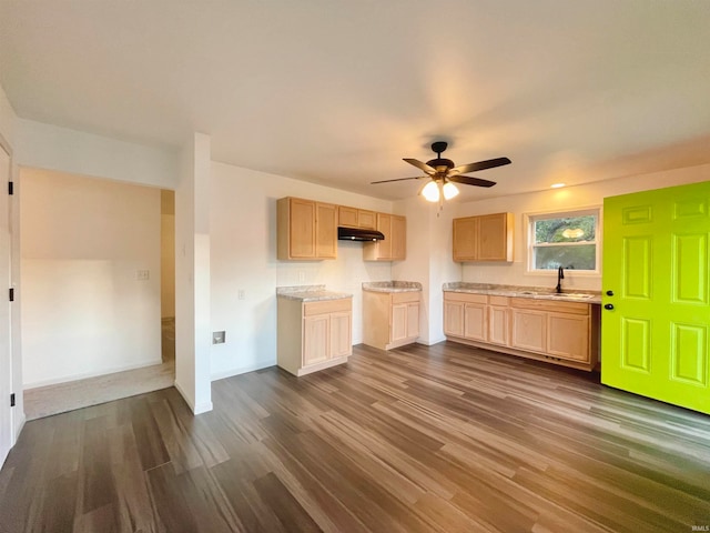 kitchen with light brown cabinetry, sink, ceiling fan, and dark hardwood / wood-style flooring