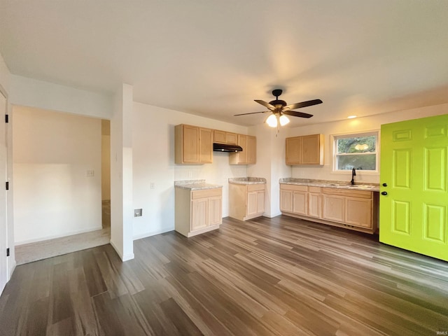 kitchen with a sink, ceiling fan, light countertops, under cabinet range hood, and dark wood finished floors