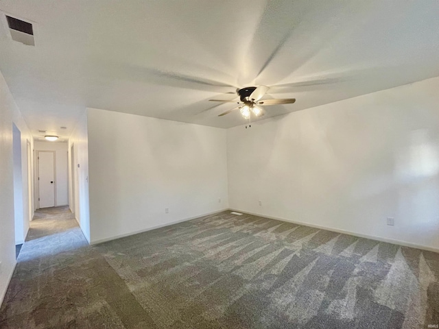 empty room featuring baseboards, visible vents, ceiling fan, and carpet floors