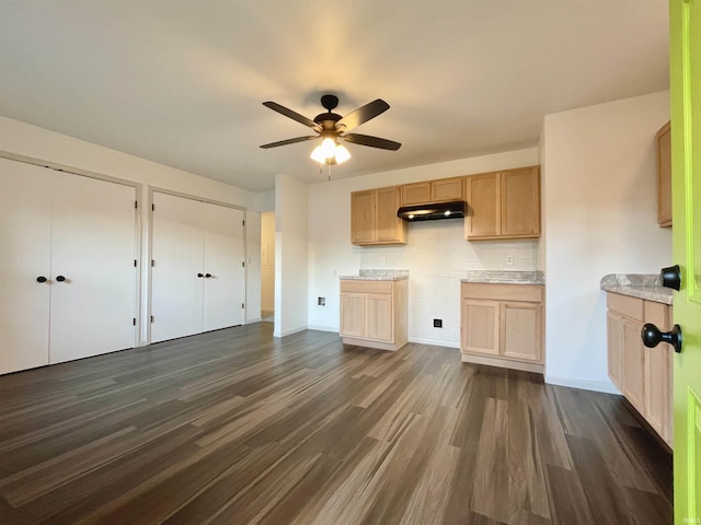 kitchen featuring under cabinet range hood, ceiling fan, dark wood-type flooring, backsplash, and light countertops
