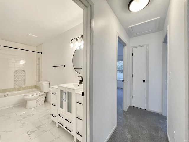 bathroom with bathing tub / shower combination, marble finish floor, toilet, vanity, and baseboards