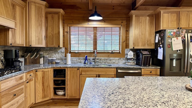 15597 Buck Knob Ln, Loogootee, IN 47553 - kitchen with appliances with stainless steel finishes, light wood-style floors, tasteful backsplash, and light stone counters