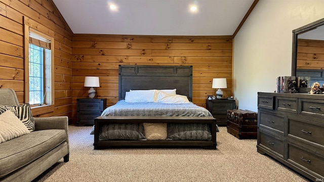 15597 Buck Knob Ln, Loogootee, IN 47553 - bedroom featuring vaulted ceiling, light carpet, and wooden walls