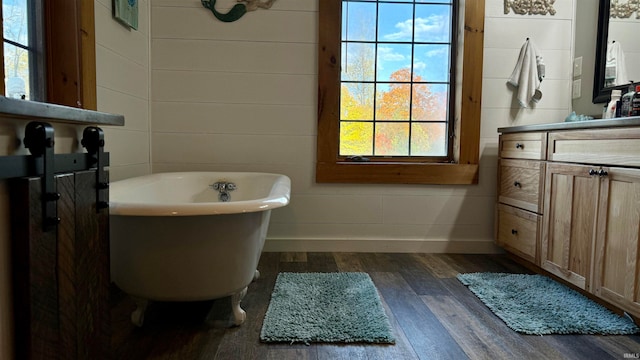 bathroom featuring vanity, wood-type flooring, plenty of natural light, and a bath