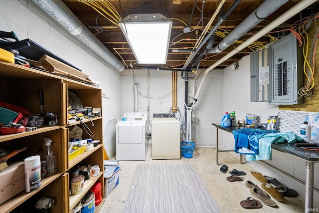 basement featuring electric panel and washer and clothes dryer