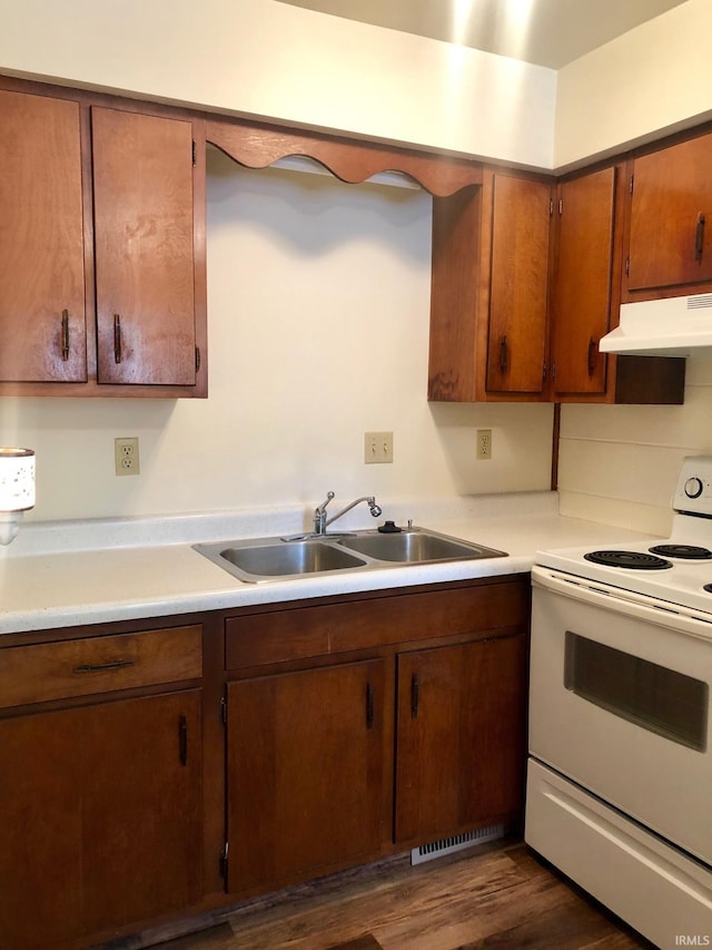 kitchen featuring sink, dark wood-type flooring, and white electric stove