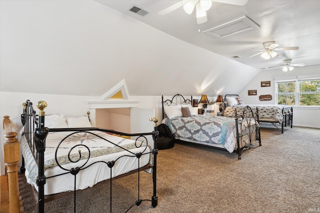 bedroom with ceiling fan, carpet, and vaulted ceiling