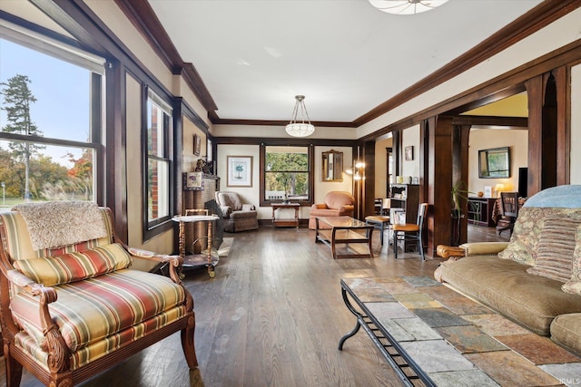 living room featuring wood-type flooring and ornamental molding