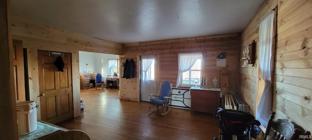 misc room with wood walls and hardwood / wood-style floors