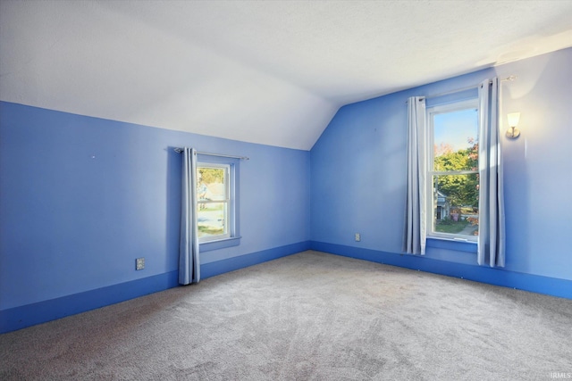 additional living space featuring lofted ceiling and carpet floors