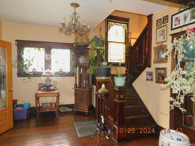 interior space with hardwood / wood-style floors and an inviting chandelier