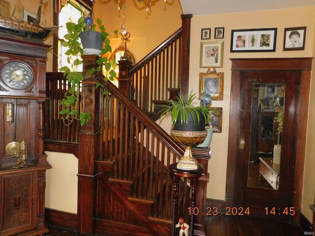 staircase with hardwood / wood-style flooring