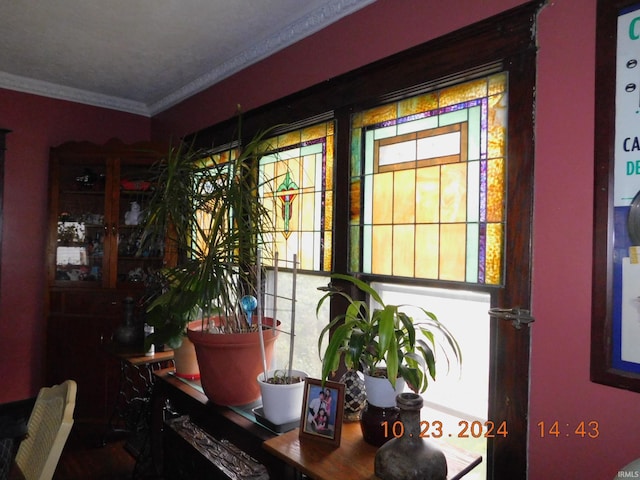 interior space featuring crown molding and a textured ceiling