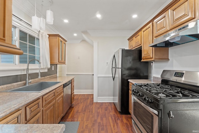 kitchen with extractor fan, dark wood-type flooring, stainless steel appliances, sink, and crown molding