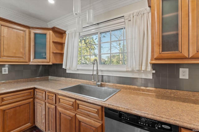 kitchen featuring crown molding, sink, backsplash, and dishwasher