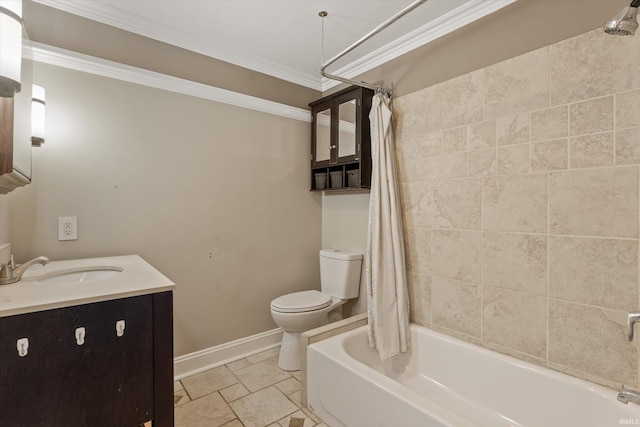 full bathroom with shower / bath combination with curtain, toilet, tile patterned floors, vanity, and crown molding