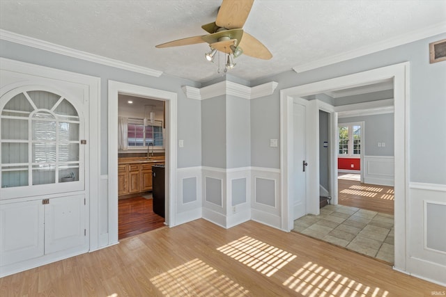 unfurnished room featuring ceiling fan, a textured ceiling, light wood-type flooring, crown molding, and sink