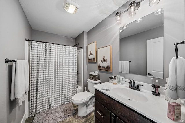 full bathroom with toilet, shower / tub combo with curtain, vanity, and wood-type flooring