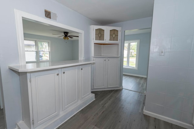 kitchen with dark wood-type flooring, a healthy amount of sunlight, kitchen peninsula, and white cabinets