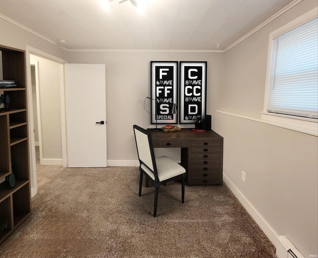 office area with carpet, ornamental molding, and baseboard heating