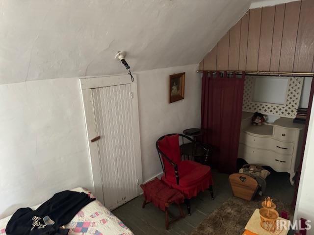 bedroom featuring lofted ceiling