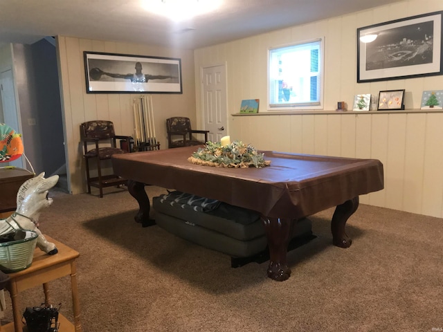 recreation room with carpet floors and billiards