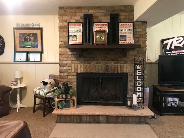 interior space with a brick fireplace