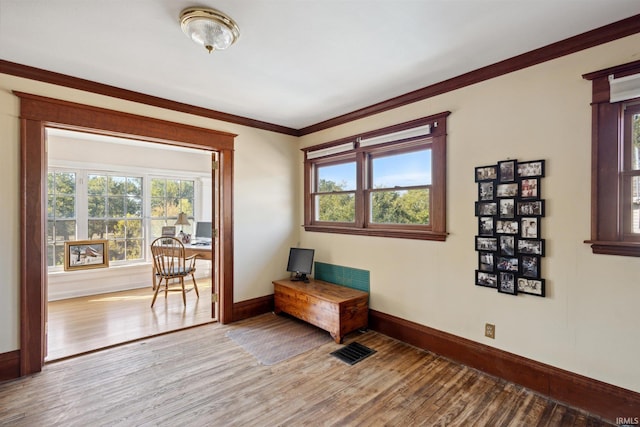 interior space with ornamental molding and wood-type flooring