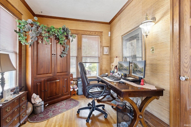 office space featuring ornamental molding and light hardwood / wood-style floors