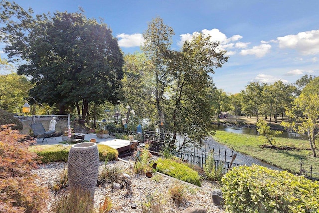 view of yard with a patio area and a water view