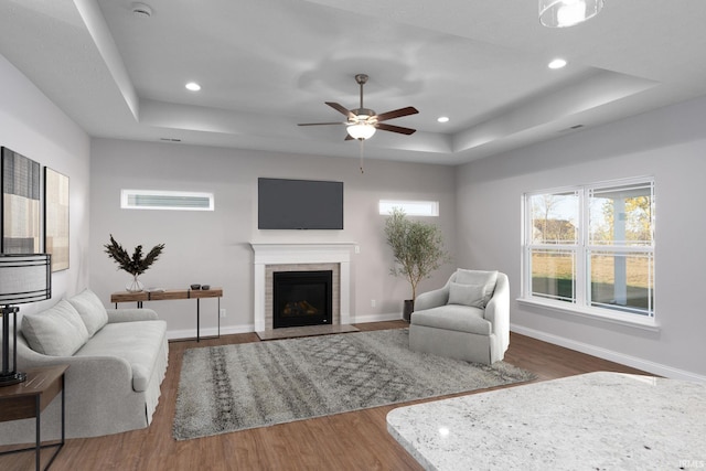 living room with dark hardwood / wood-style floors and a raised ceiling